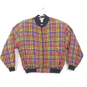 Vintage Marguerite Li Bomber Jacket 100% Silk Large Houndstooth Y2K Collegiate